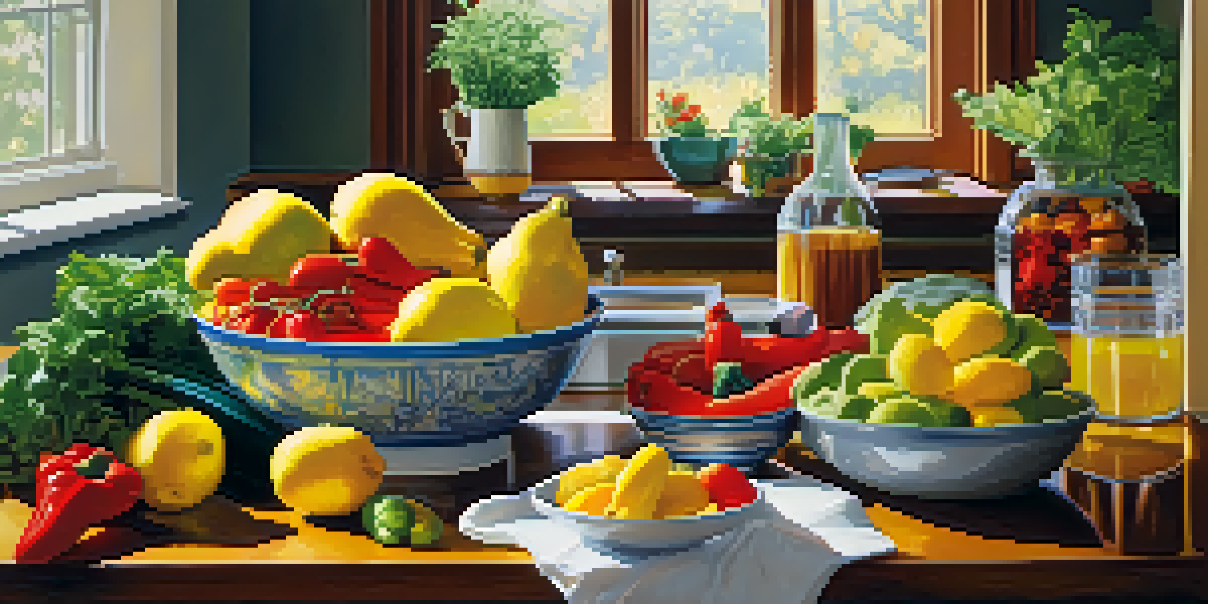 A bright kitchen with a variety of fresh vegetables and fruits on the counter, alongside a glass of infused water, all bathed in sunlight.