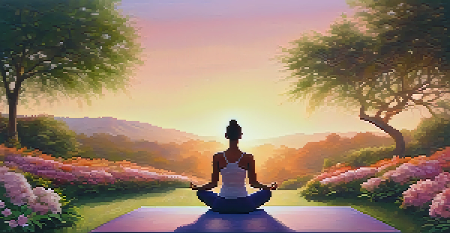 A person practicing yoga in a park at sunset, surrounded by greenery and flowers, creating a calm and peaceful environment.