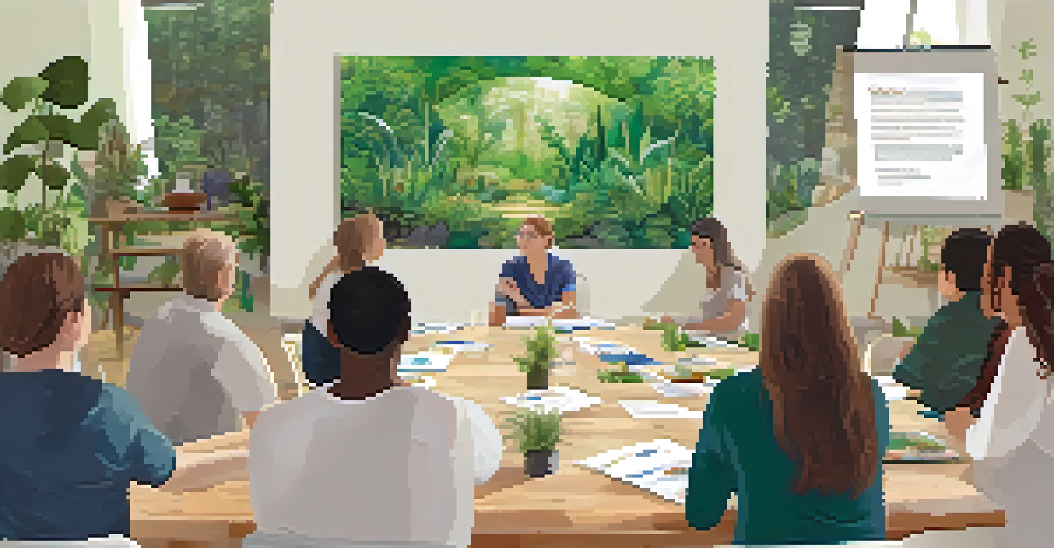 A workshop setting with people learning about sustainable practices, featuring educational materials and an engaging speaker.