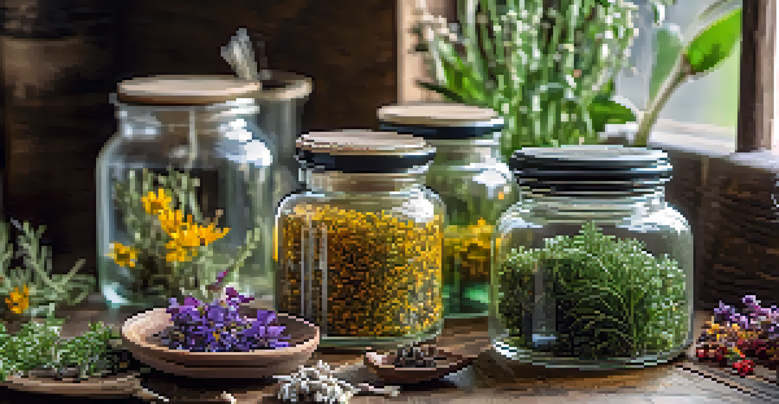An artistic arrangement of herbal remedies in glass jars on a wooden table, showcasing vibrant colors and textures of dried flowers and herbs.