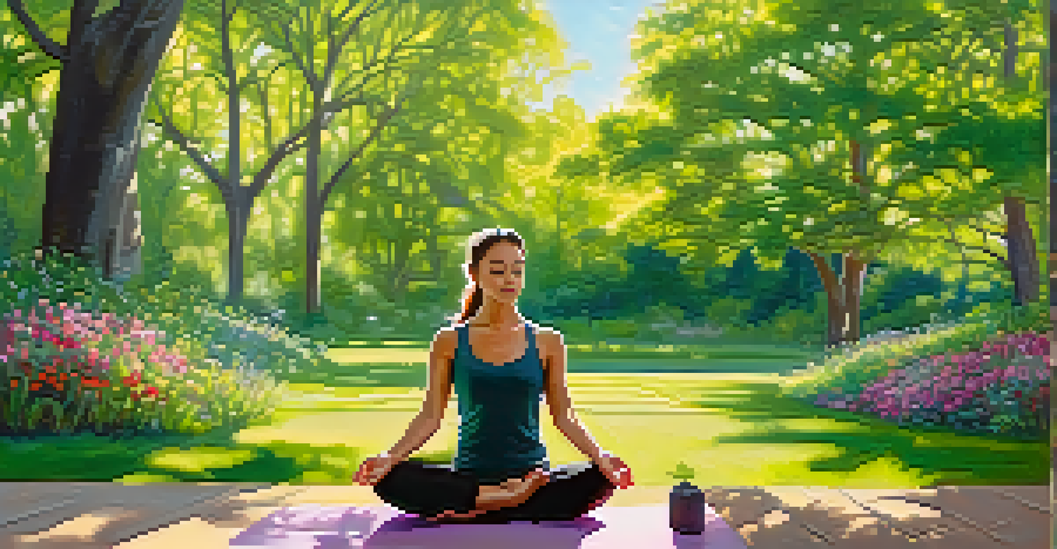 A person practicing yoga in a lush green park, surrounded by flowers and trees, with sunlight filtering through the leaves.