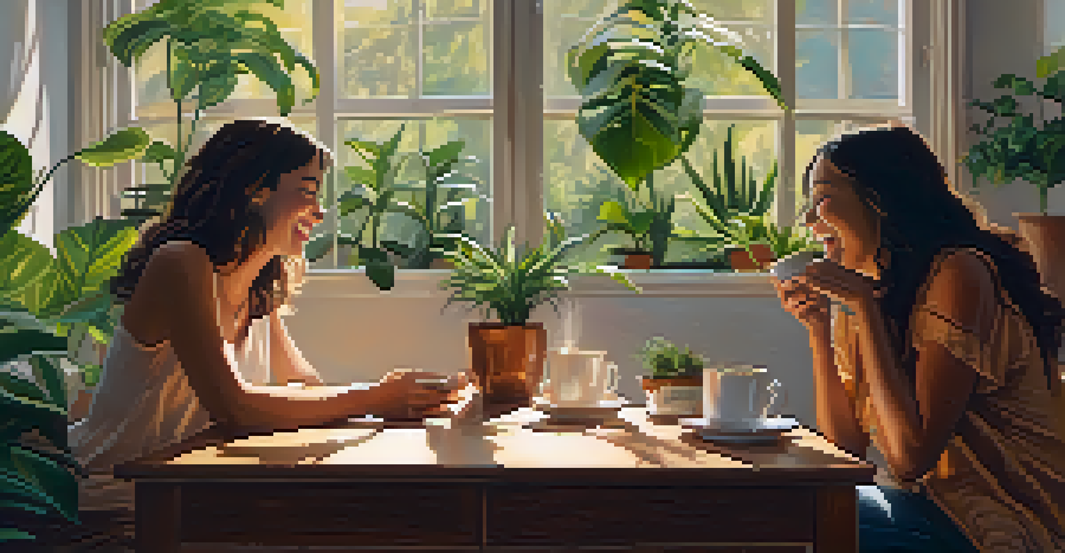 Two friends laughing together over coffee in a cozy setting with plants and warm lighting, showcasing their joyful expressions.