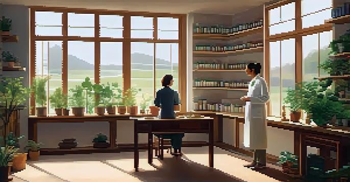 A calming naturopathic clinic with wooden furniture, plants, and a practitioner talking to a patient in natural light.