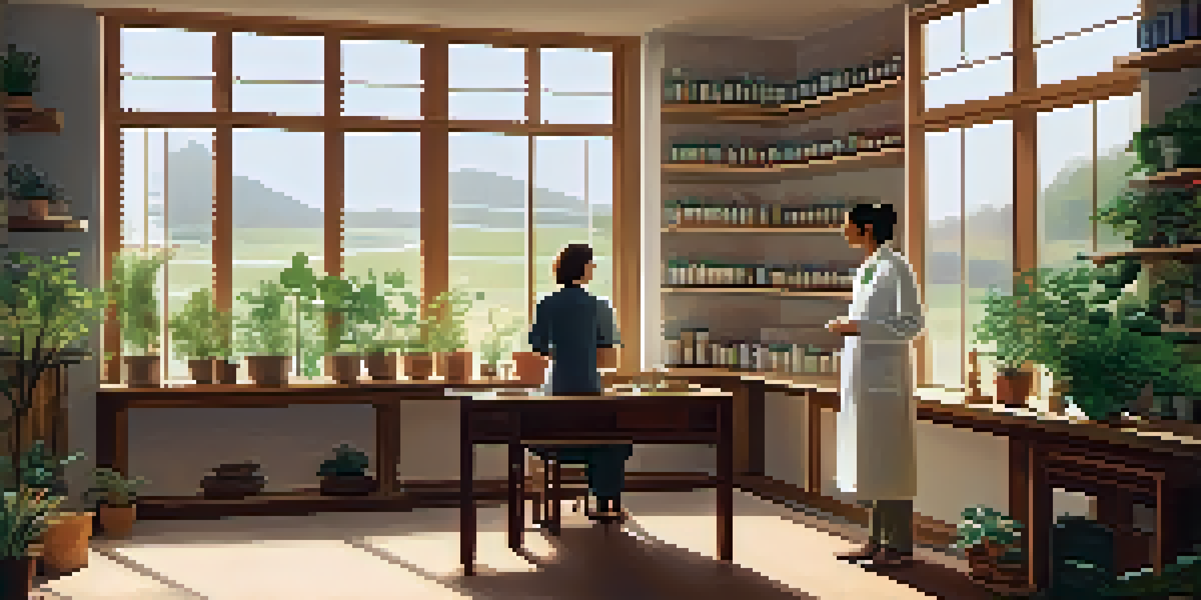 A calming naturopathic clinic with wooden furniture, plants, and a practitioner talking to a patient in natural light.