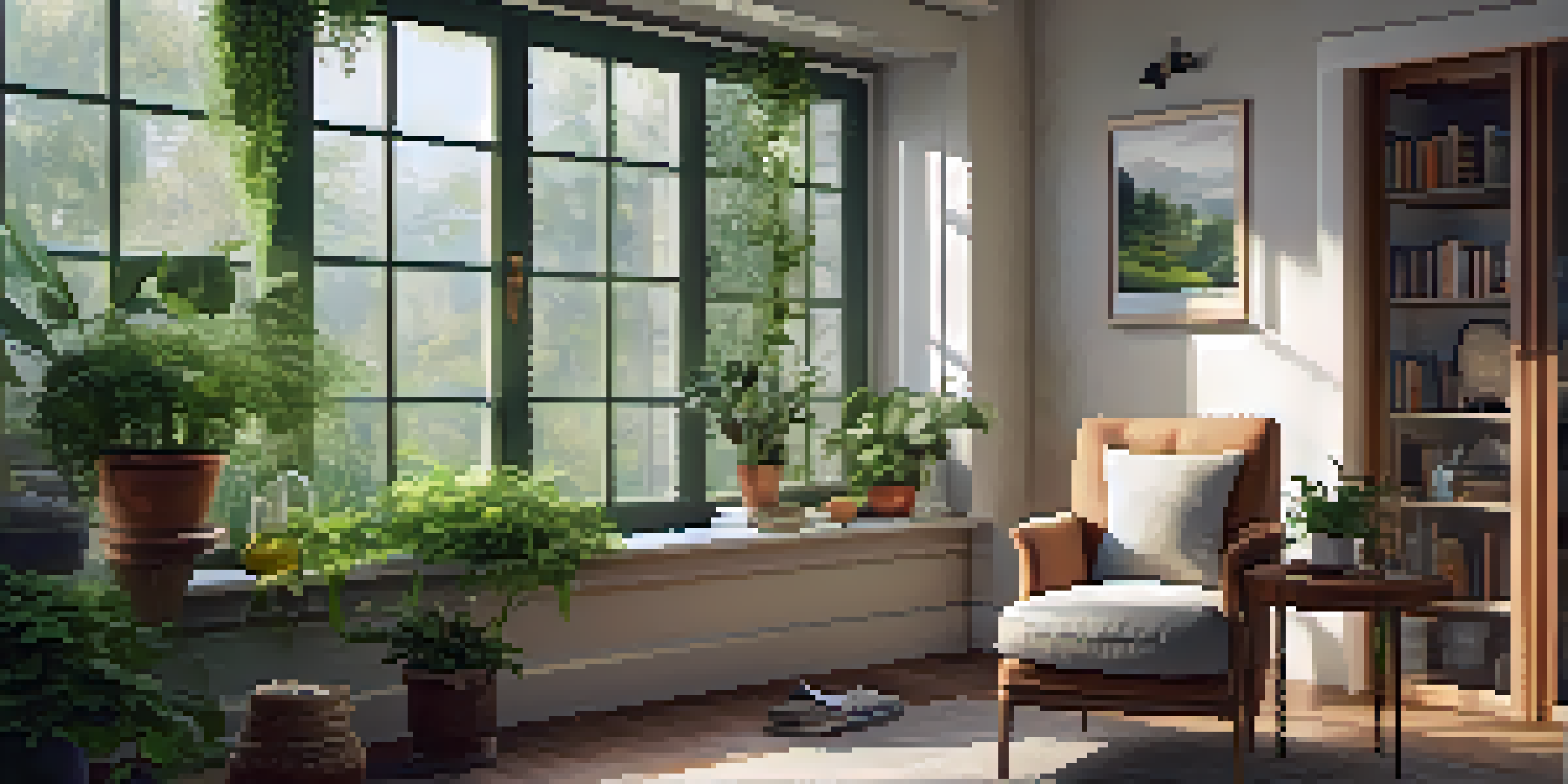 A cozy reading nook with an armchair, plants, and a cup of tea, bathed in natural light.