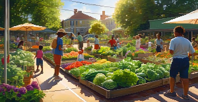 A diverse group of people working in a sunny community garden, surrounded by colorful plants and vegetables, with children playing in the background.