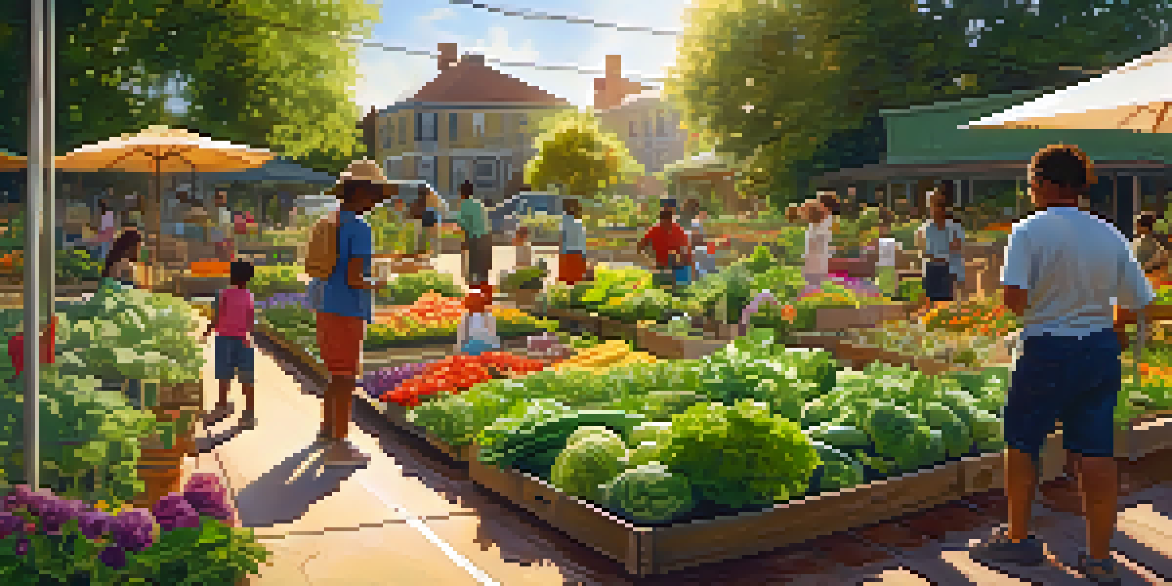 A diverse group of people working in a sunny community garden, surrounded by colorful plants and vegetables, with children playing in the background.