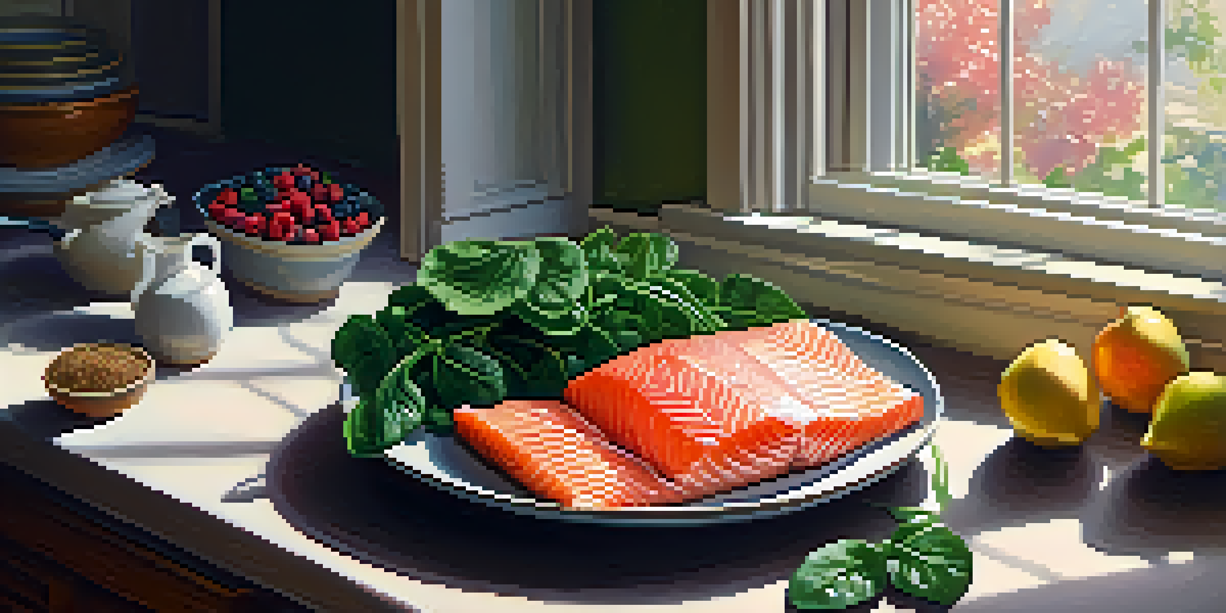 A bright kitchen table adorned with fresh salmon, flaxseeds, walnuts, and spinach under soft morning light.