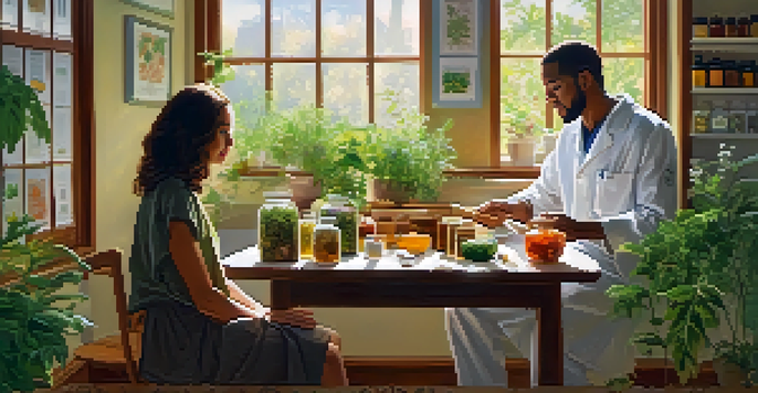 A friendly naturopathic practitioner discussing health with a patient in a bright, plant-filled room.