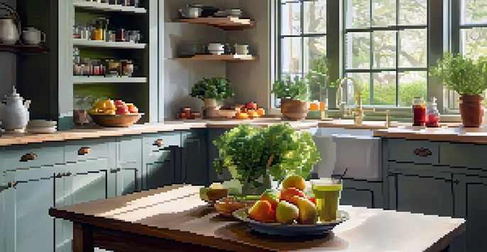 A bright kitchen with a table full of fresh fruits, vegetables, and a glass of herbal tea, illuminated by morning sunlight.