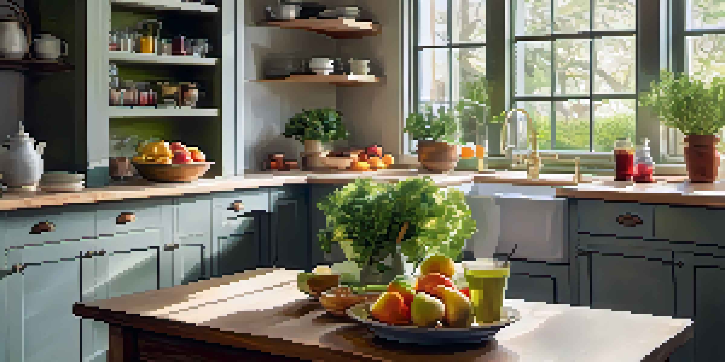 A bright kitchen with a table full of fresh fruits, vegetables, and a glass of herbal tea, illuminated by morning sunlight.