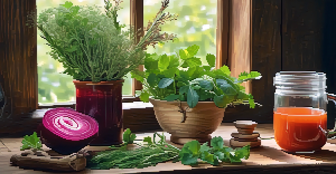 A colorful arrangement of herbal remedies including ginseng, Rhodiola Rosea, turmeric, and beetroot juice on a wooden table, illuminated by soft sunlight.