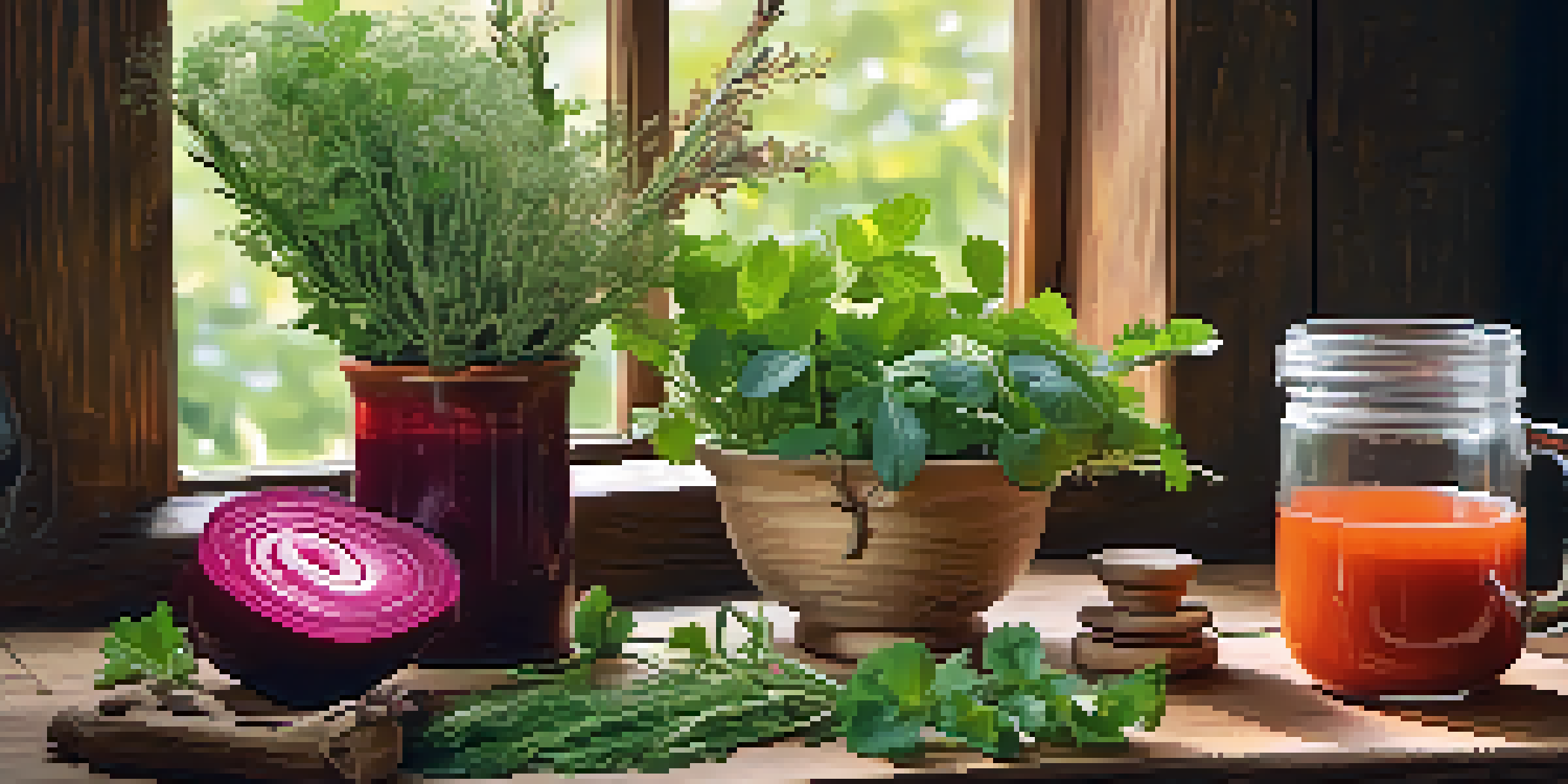 A colorful arrangement of herbal remedies including ginseng, Rhodiola Rosea, turmeric, and beetroot juice on a wooden table, illuminated by soft sunlight.