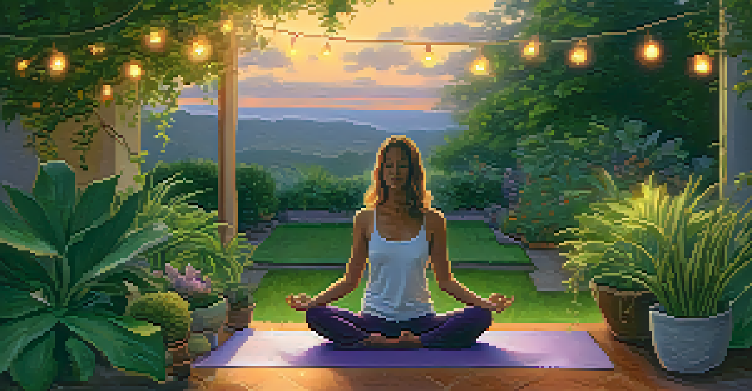 A woman practicing yoga in a tranquil garden at dusk, surrounded by nature and calming colors, promoting stress management and relaxation.