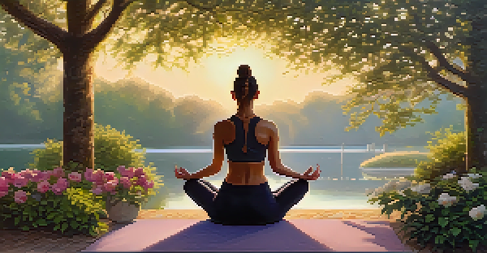 An athlete practicing yoga at sunrise in a peaceful park, surrounded by greenery and flowers.
