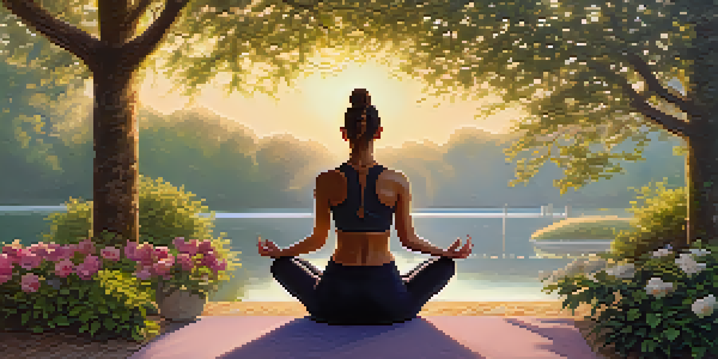 An athlete practicing yoga at sunrise in a peaceful park, surrounded by greenery and flowers.