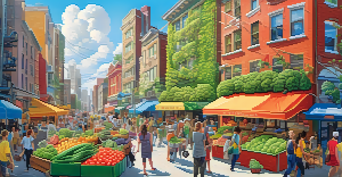 An illustration of a colorful city representing gut health, with friendly bacteria as citizens and fruits and vegetables growing in the streets.