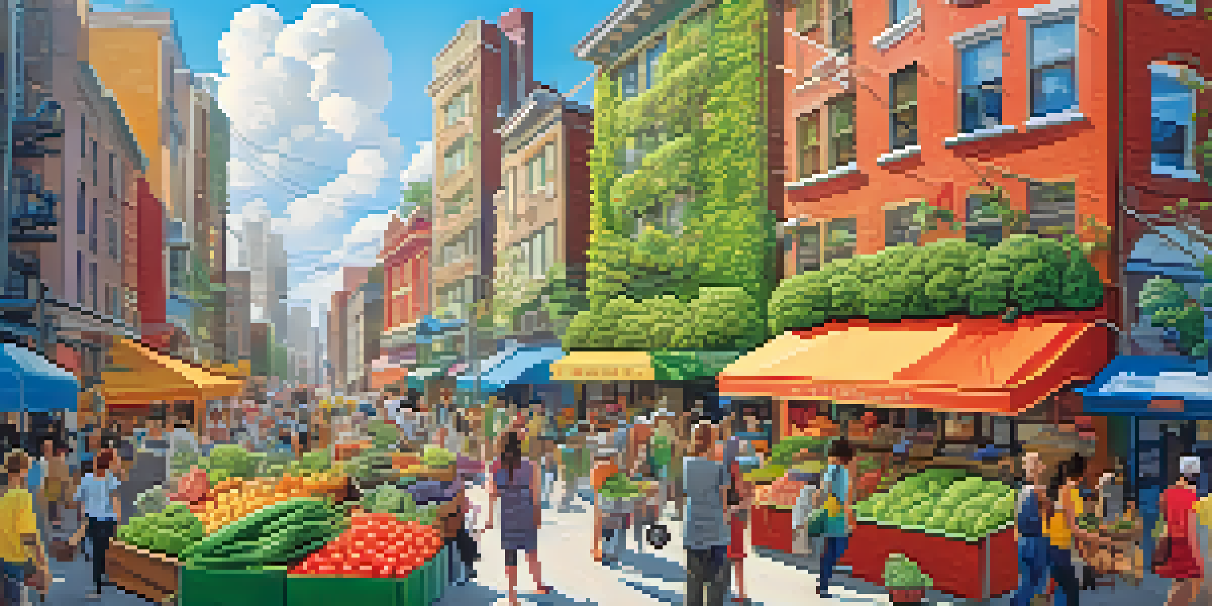 An illustration of a colorful city representing gut health, with friendly bacteria as citizens and fruits and vegetables growing in the streets.