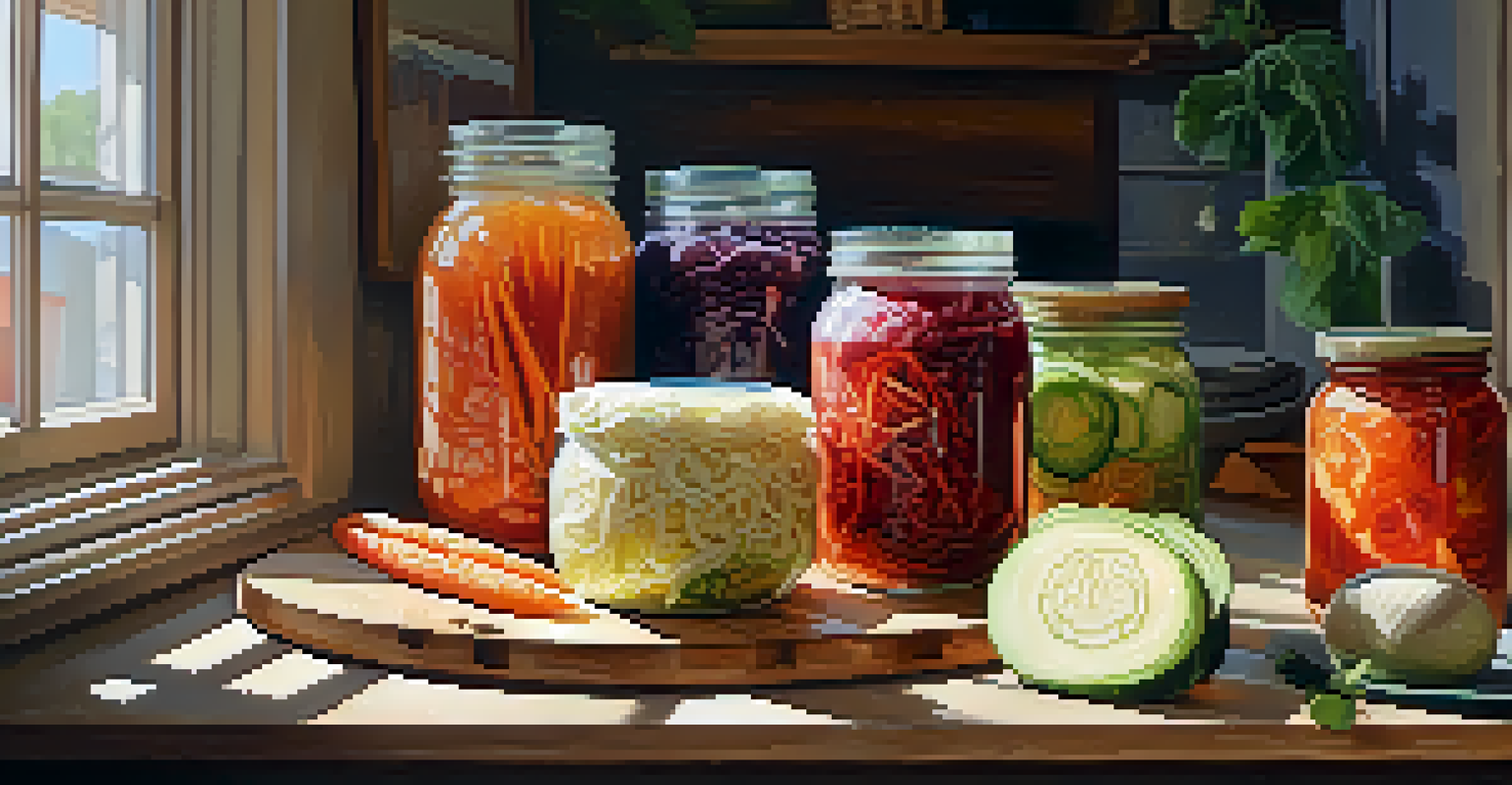 A kitchen countertop displaying sauerkraut, kimchi, and a glass of kombucha in sunlight.