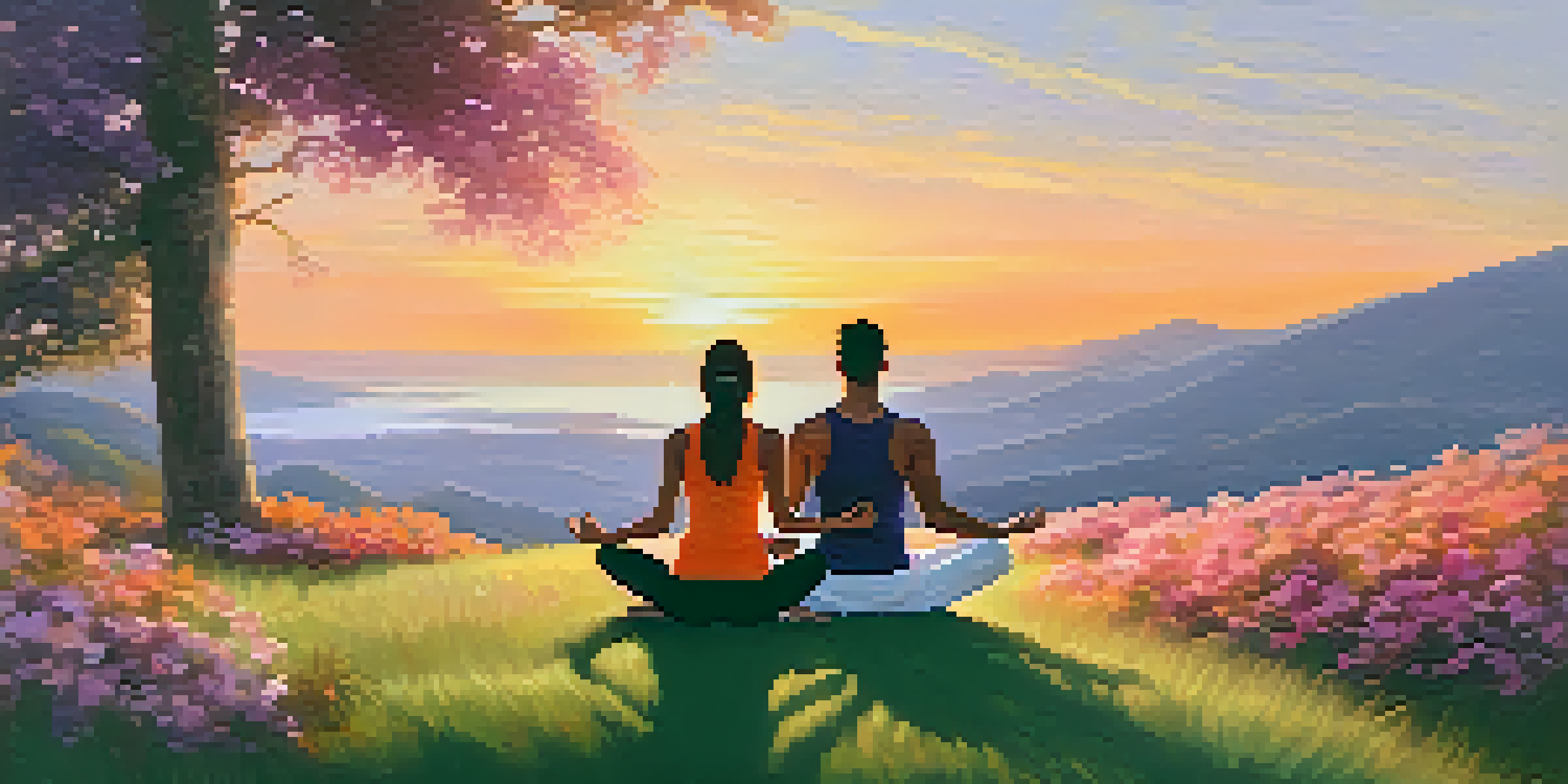 A couple practicing yoga together on a grassy hilltop during sunset, surrounded by flowers and trees.