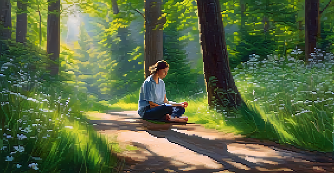 A person meditating in a peaceful forest, surrounded by trees and wildflowers, with sunlight filtering through the leaves.