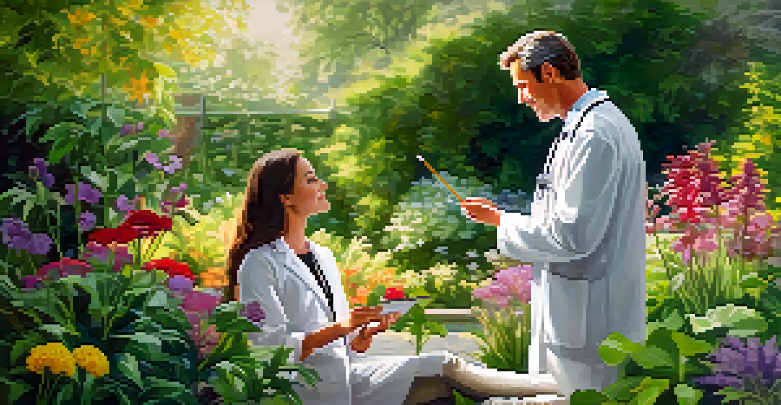 A naturopathic practitioner and patient discussing herbs in a vibrant garden under the sun.