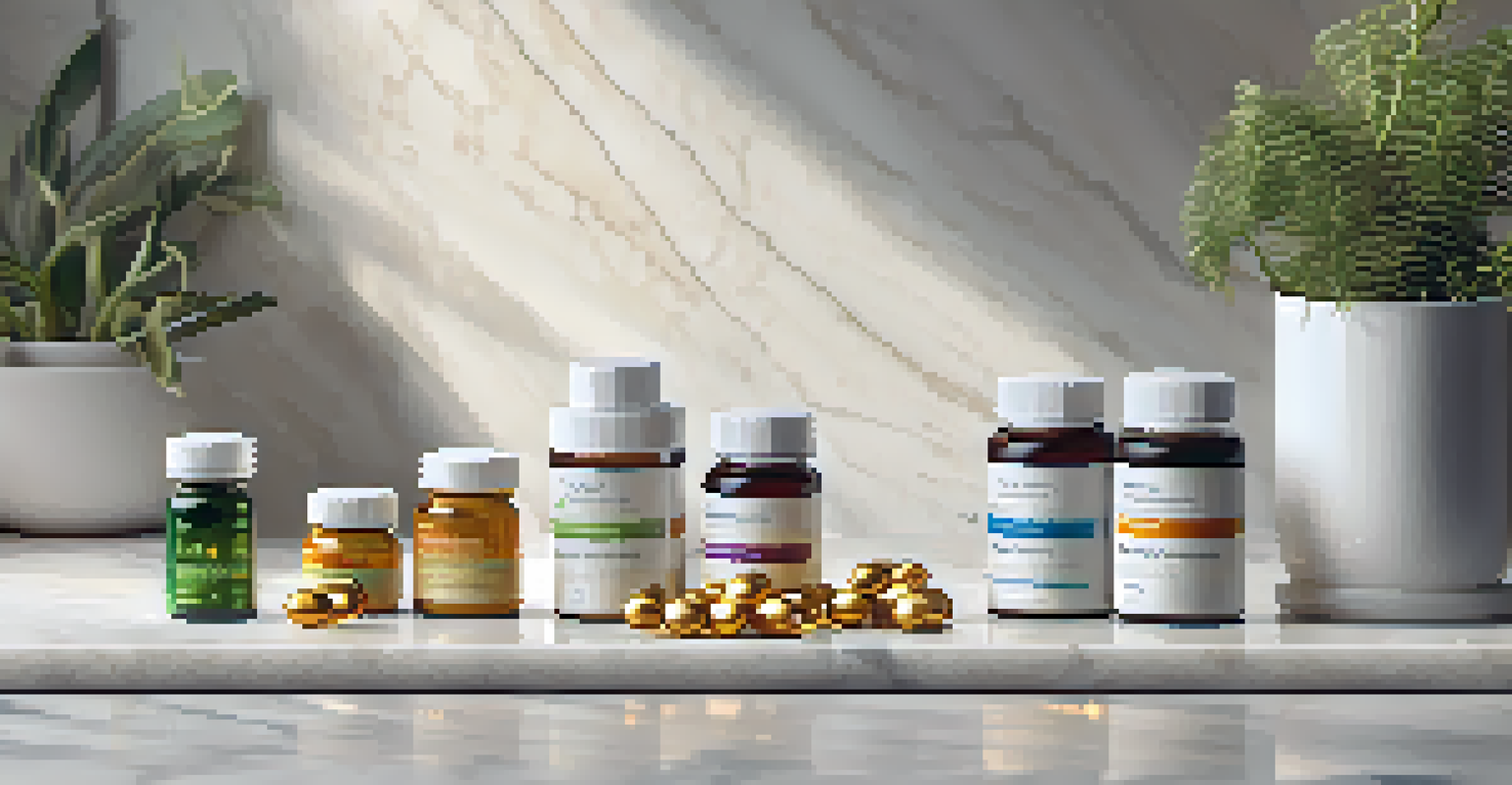 Dietary supplements displayed on a marble countertop with soft lighting.