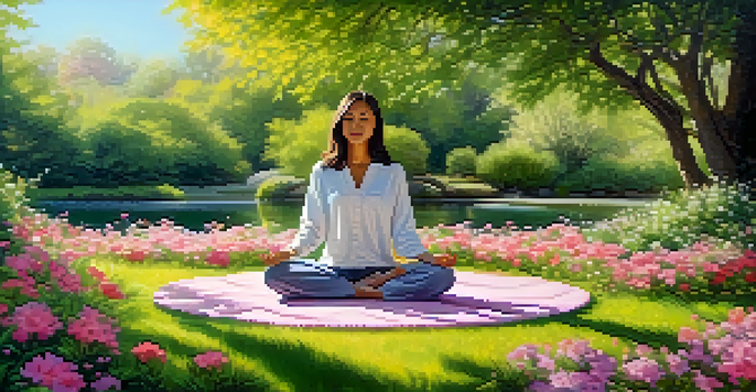 A person meditating in a colorful garden filled with flowers and soft sunlight.