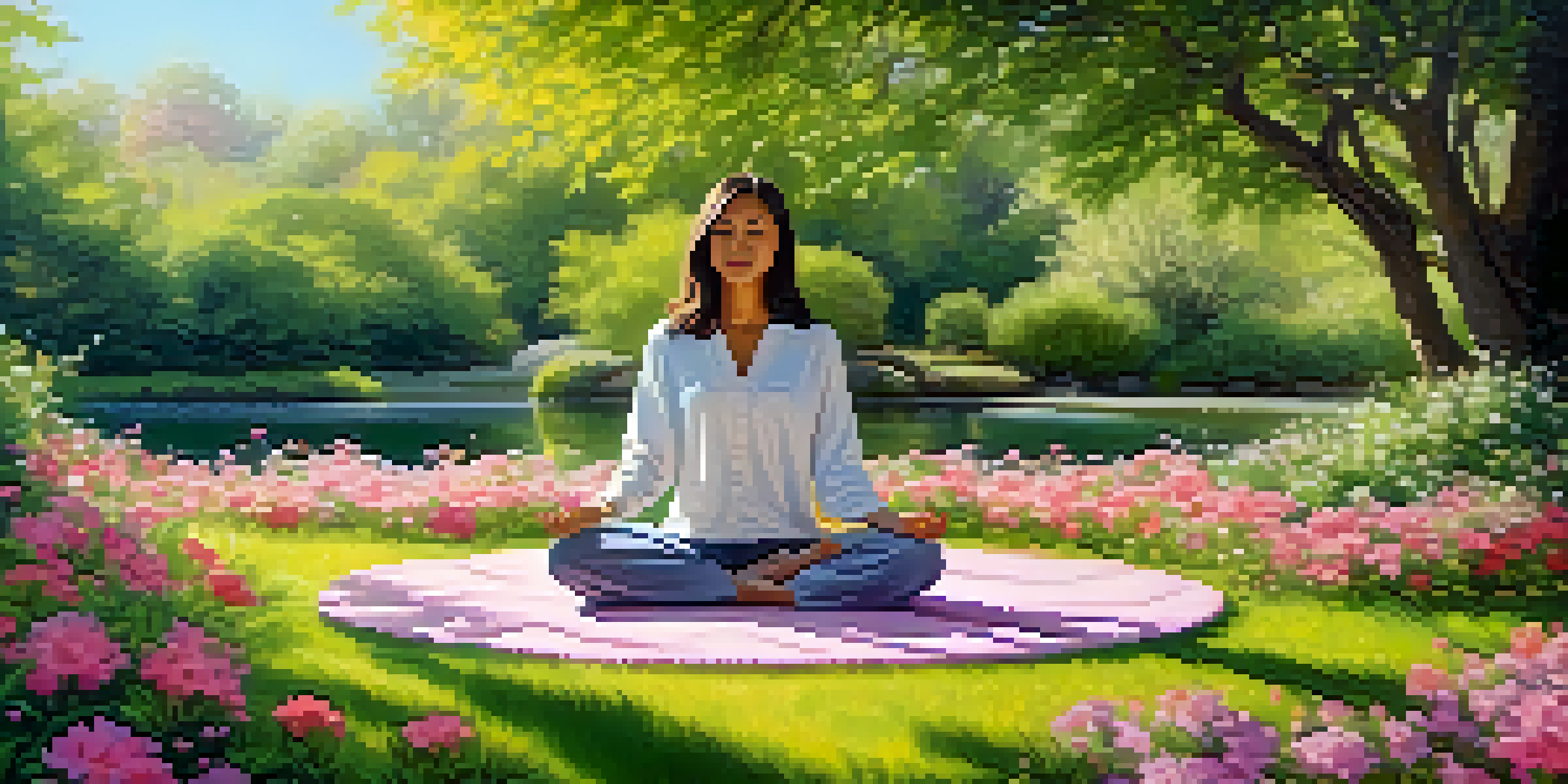 A person meditating in a colorful garden filled with flowers and soft sunlight.