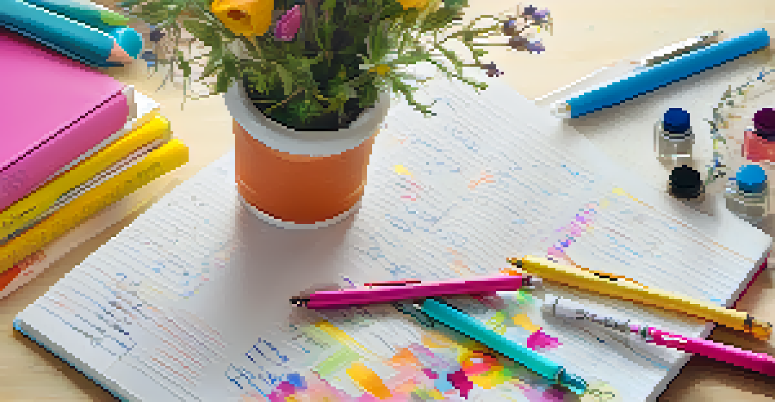 An open journal with handwritten notes, colorful pens, and a vase of flowers, capturing creativity.