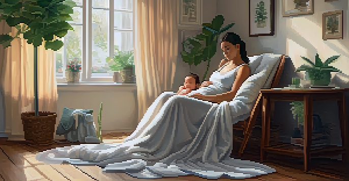 A new mother resting in a cozy room, cradling her baby with indoor plants and sunlight coming through curtains.