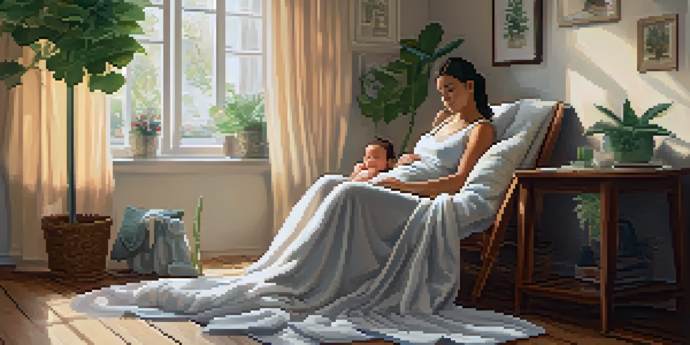 A new mother resting in a cozy room, cradling her baby with indoor plants and sunlight coming through curtains.
