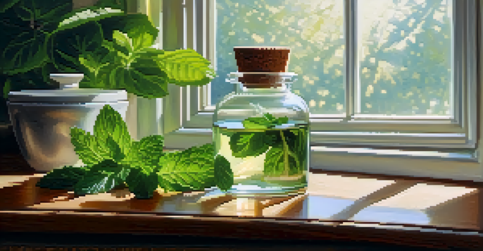 A glass bottle of peppermint essential oil next to fresh peppermint leaves and a diffuser, with sunlight shining through a window onto a wooden countertop.