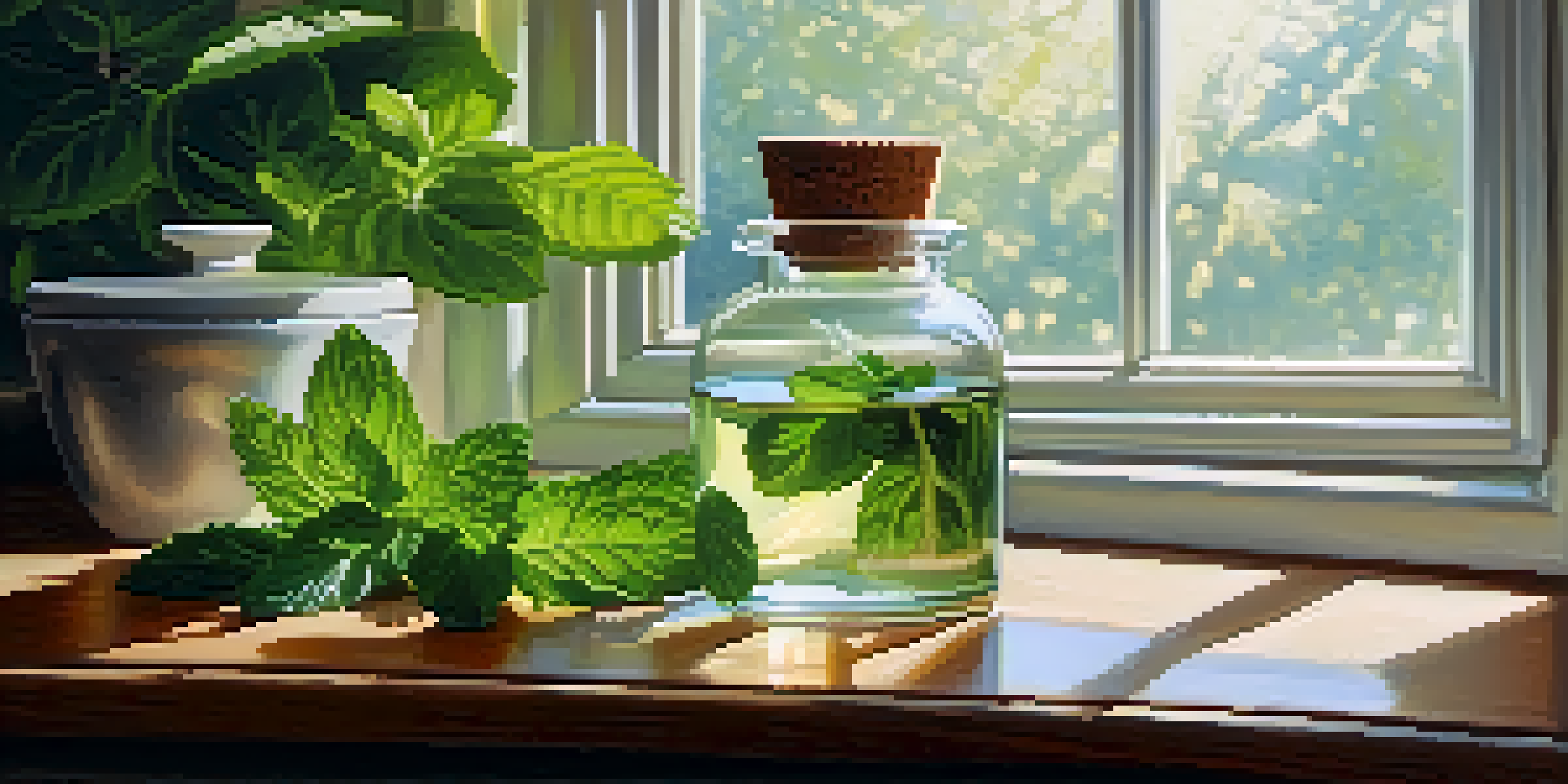 A glass bottle of peppermint essential oil next to fresh peppermint leaves and a diffuser, with sunlight shining through a window onto a wooden countertop.