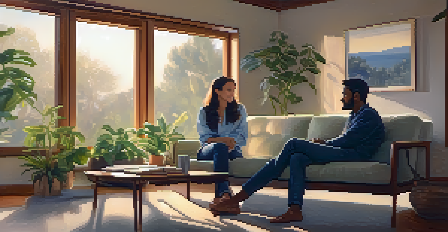 Two friends having a heartfelt conversation on a couch, showcasing deep engagement and connection.