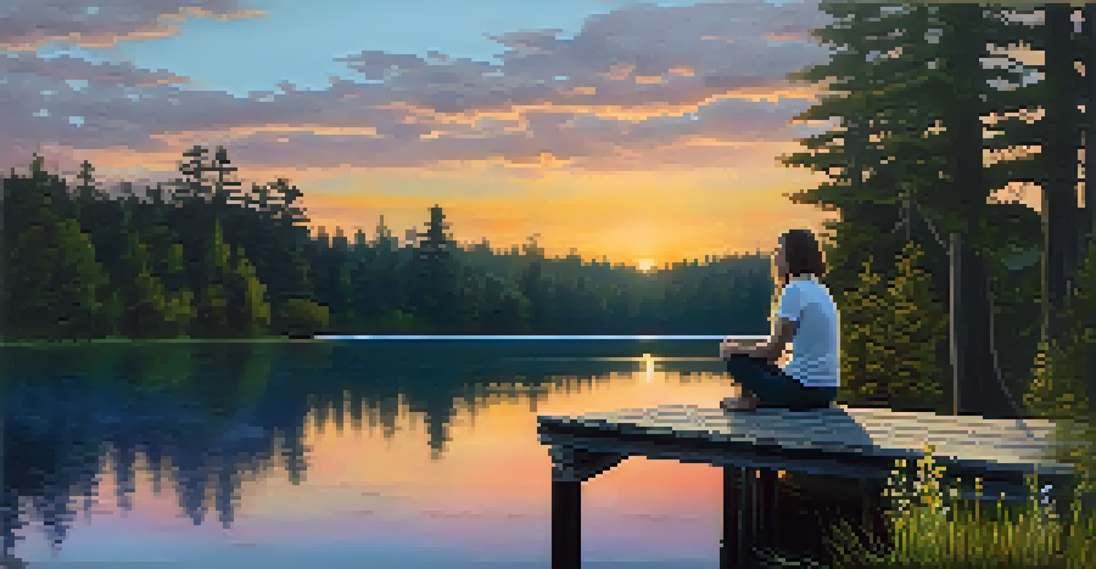 A person sitting on a dock by a lake at sunset, reflecting on the water surrounded by nature.