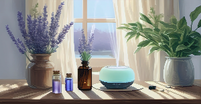 A peaceful home setting with an essential oil diffuser, lavender, and soft morning light filtering through curtains.