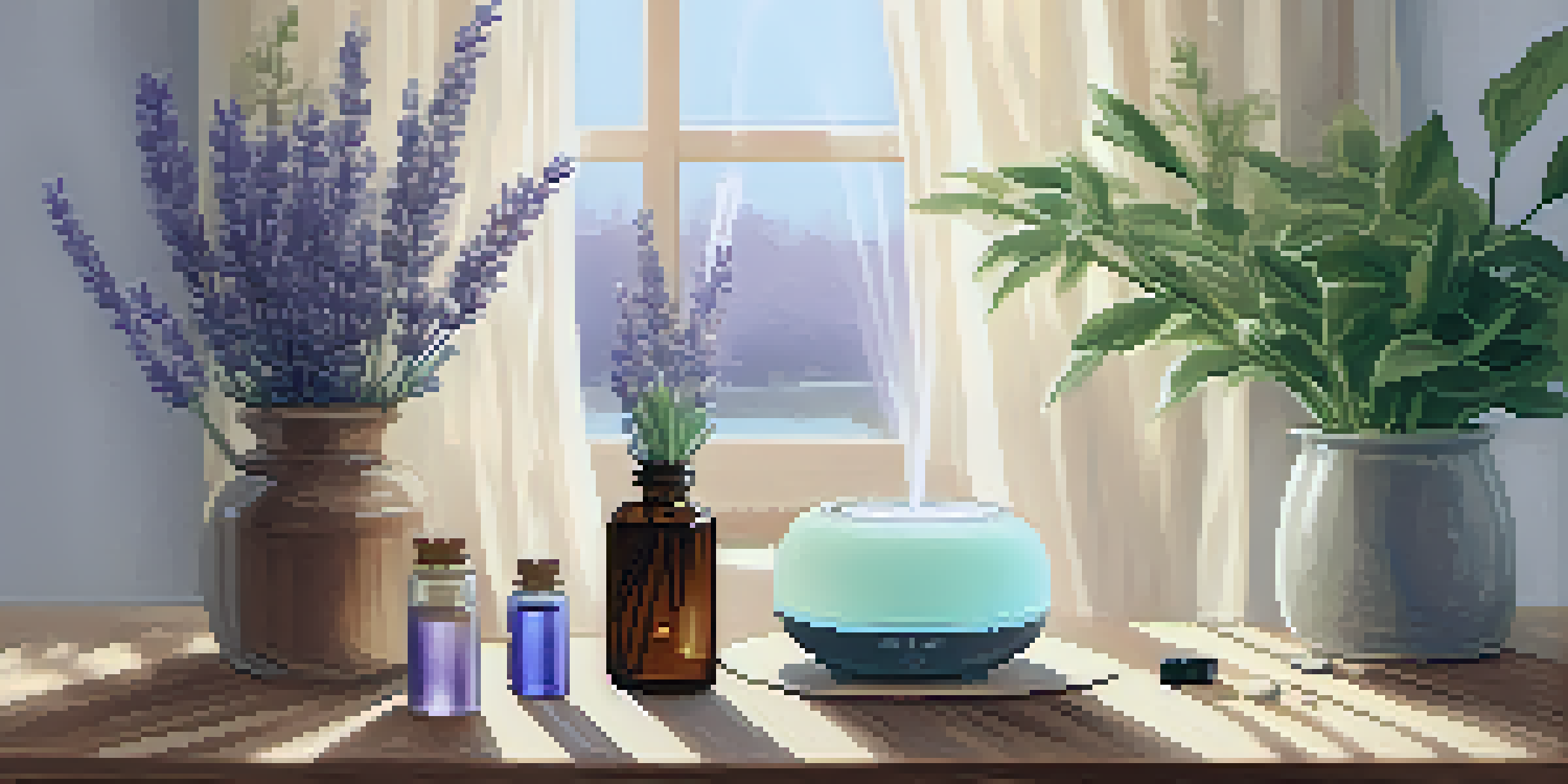 A peaceful home setting with an essential oil diffuser, lavender, and soft morning light filtering through curtains.