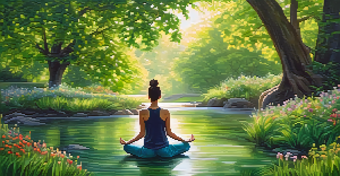 A person practicing yoga in a serene green park surrounded by trees, flowers, and a gentle stream, illustrating the mind-body connection.
