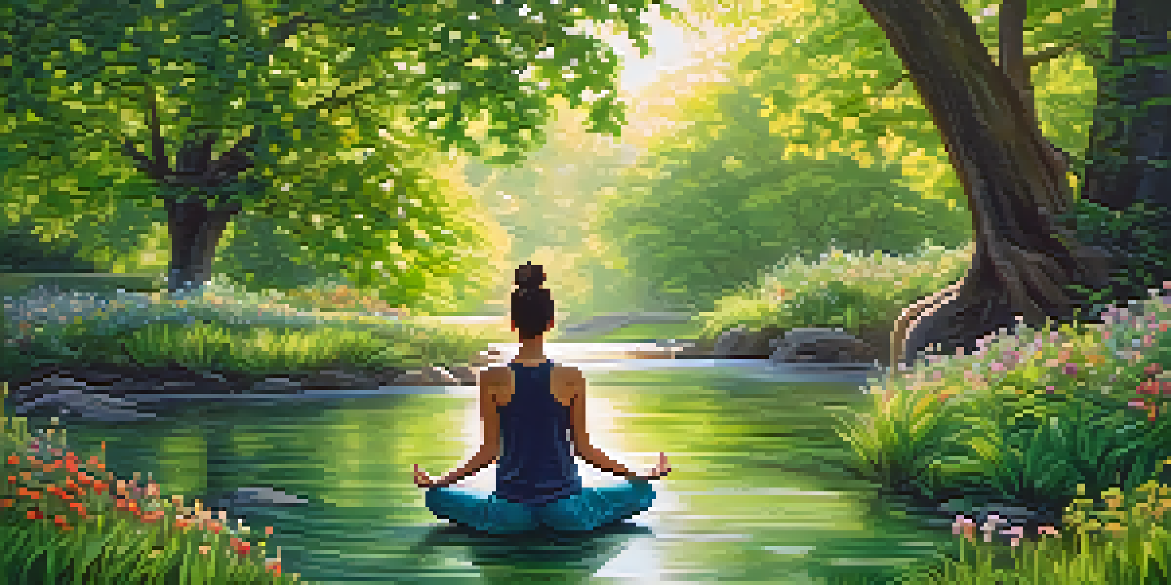 A person practicing yoga in a serene green park surrounded by trees, flowers, and a gentle stream, illustrating the mind-body connection.