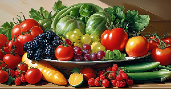 A variety of seasonal fruits and vegetables displayed on a wooden table, showcasing their vibrant colors and textures in natural sunlight.