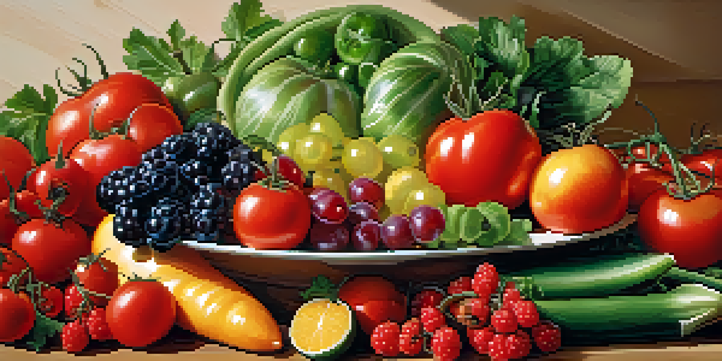 A variety of seasonal fruits and vegetables displayed on a wooden table, showcasing their vibrant colors and textures in natural sunlight.
