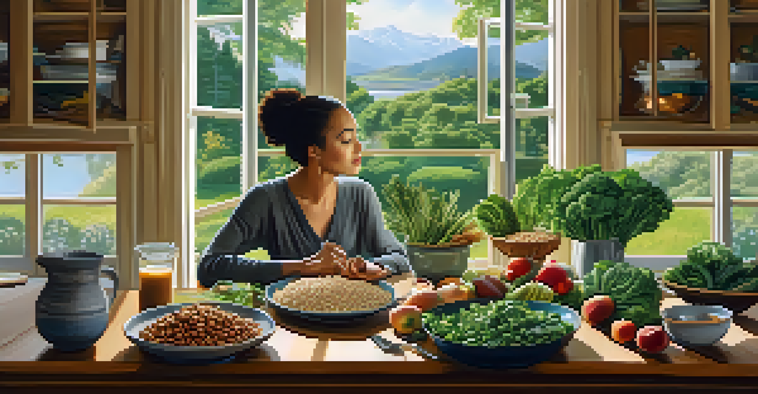 A person enjoying a mindful meal at a dining table filled with healthy whole foods, with a garden view in the background.