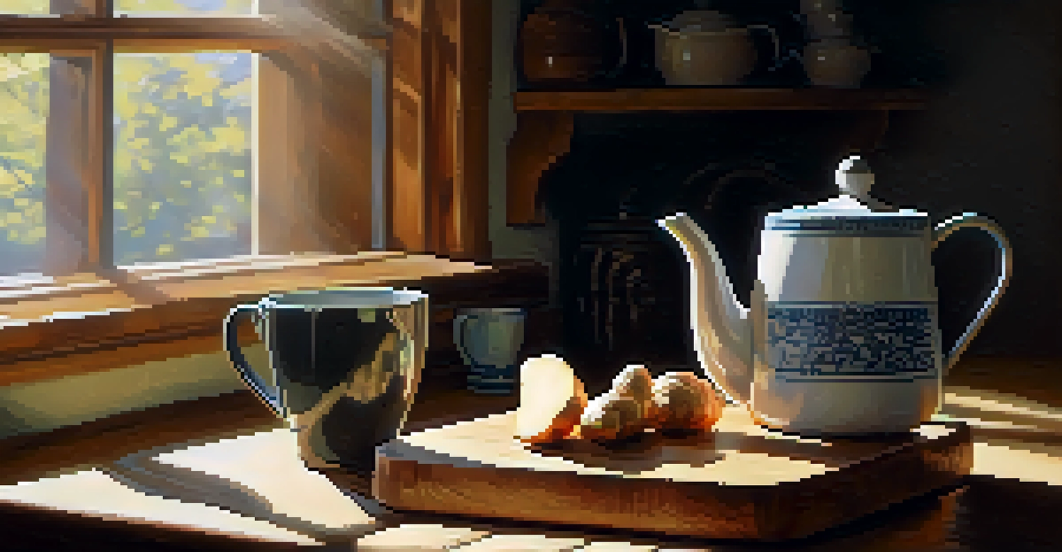 Fresh ginger root on a cutting board with a cup of ginger tea in a rustic kitchen.