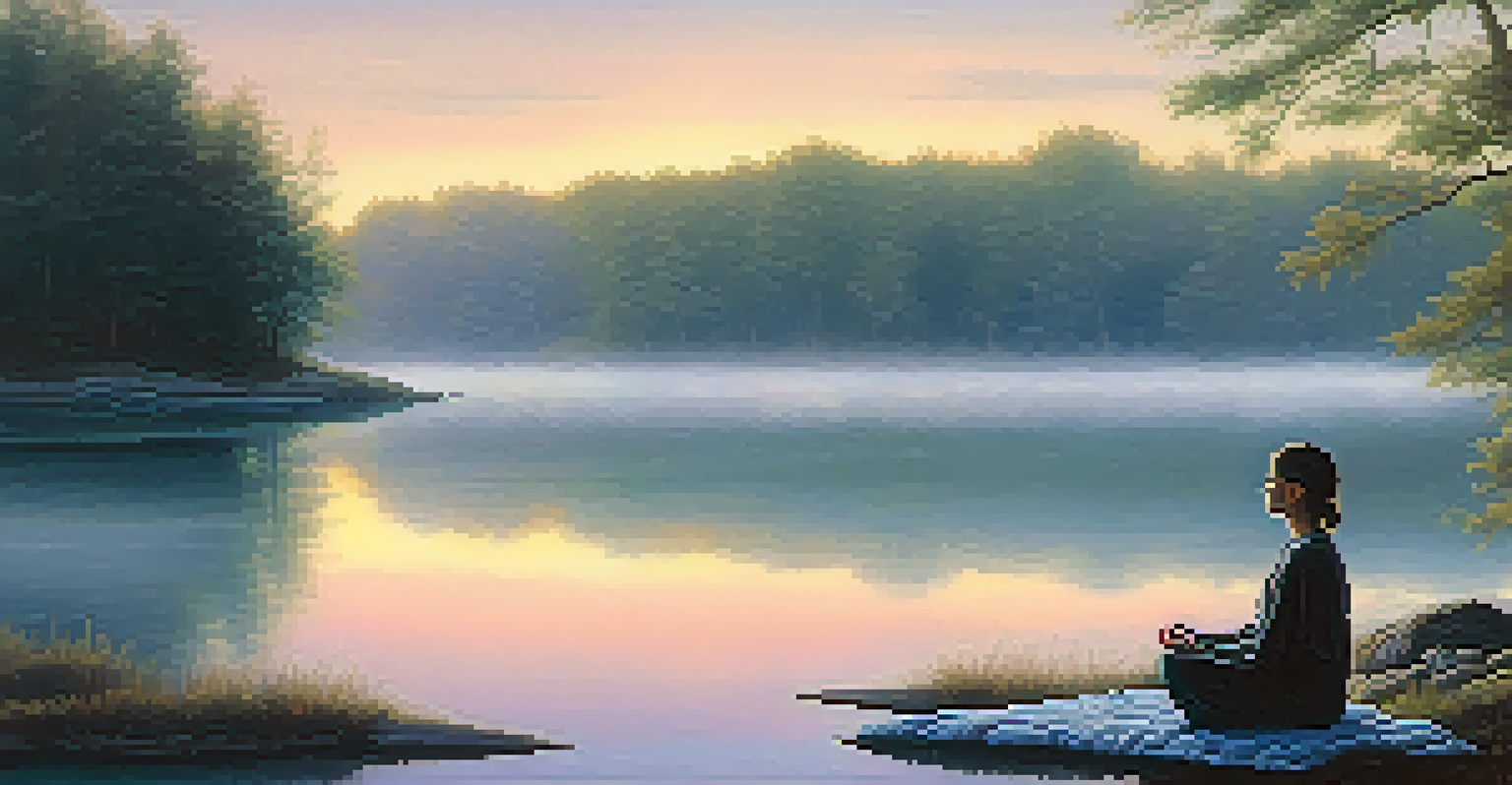 A person meditating by a calm lake at sunrise, with mist and soft colors in the background.
