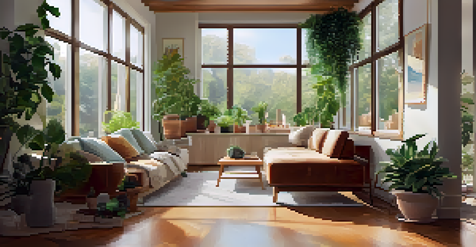 A cozy living room with an air purifier and houseplants, illuminated by natural sunlight.