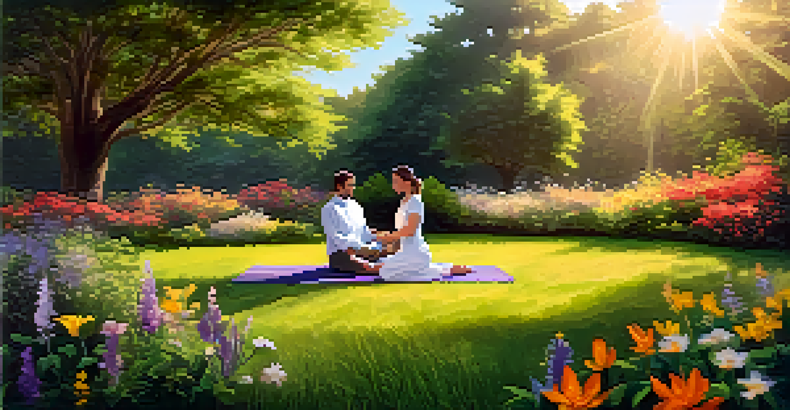 A naturopath guiding a patient in stretching exercises in a vibrant garden filled with flowers and greenery.