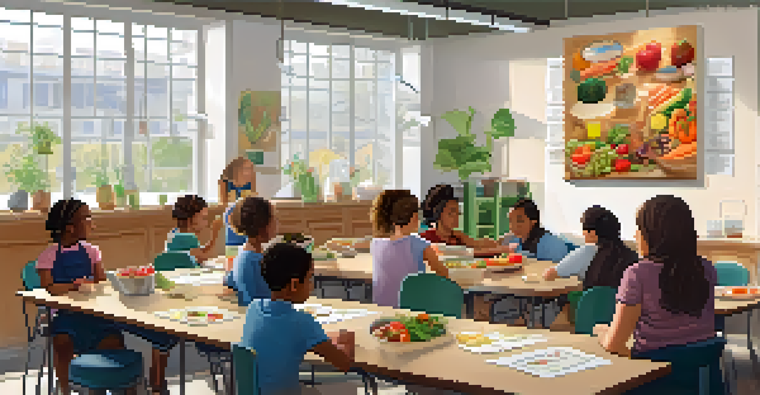 A classroom with a nutrition workshop featuring diverse participants and a table of whole foods.