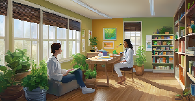 A pediatric naturopathic doctor kneeling beside a child in a warm office filled with plants and herbal remedies, discussing health options.