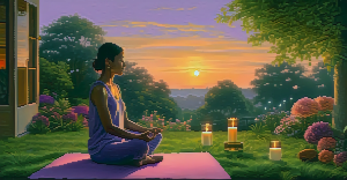 A person meditating in a peaceful garden at dusk, surrounded by nature and soft candlelight.